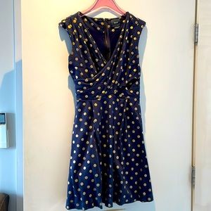 Anthropologie navy and gold polka dot dress